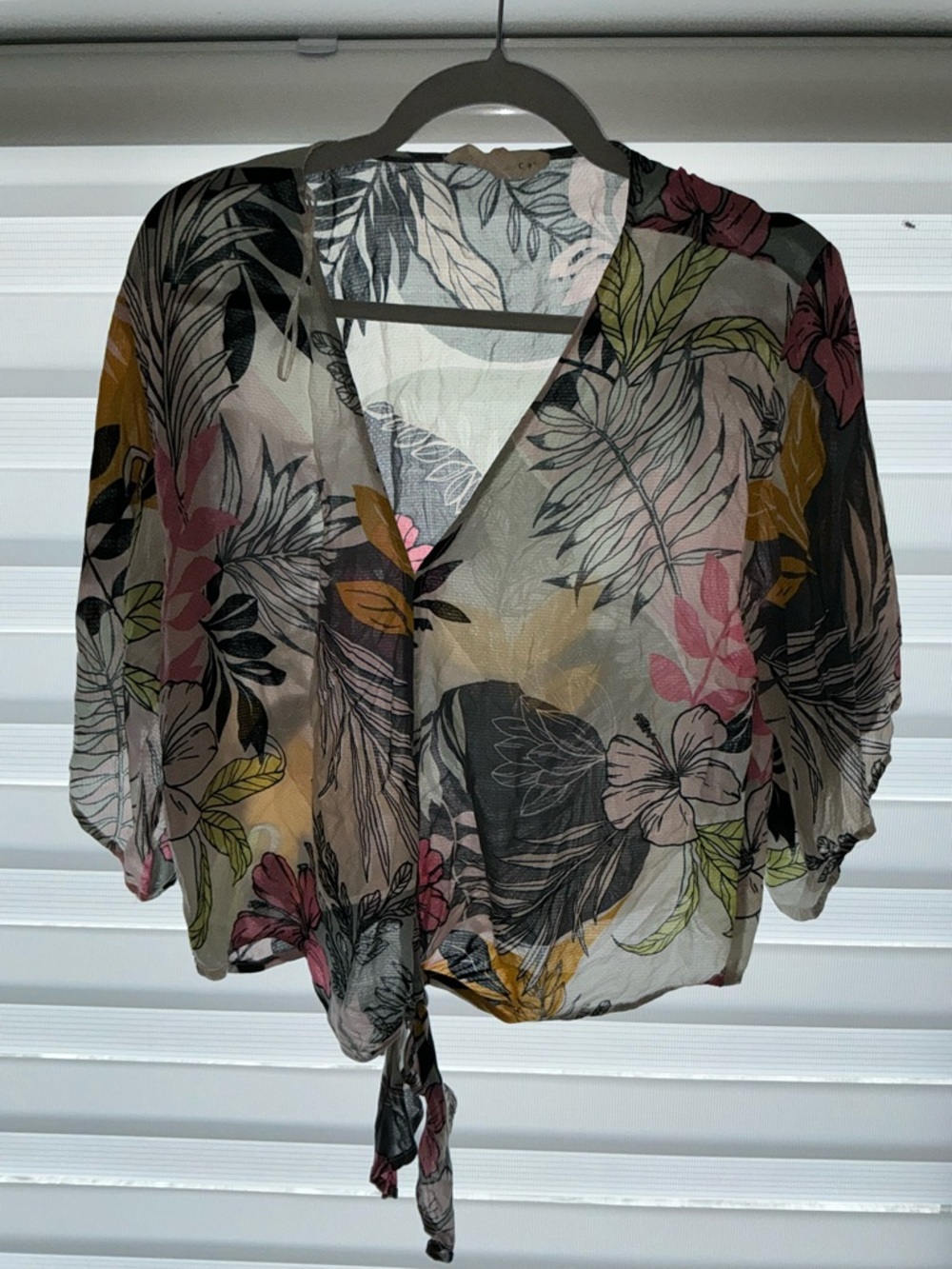 Sheer Floral Tie-Front Blouse - Pink Multi M